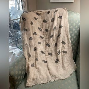 Woodblock Print Style Owl Scarf 28” x 72” Rough Edge Cotton Blend